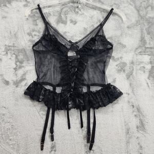 Vintage Intimate Moods Bustier Womens L Black Sheer Lace Ruffled Corset Garters